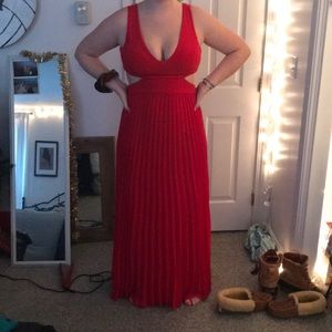 Red v cut, open side prom dress